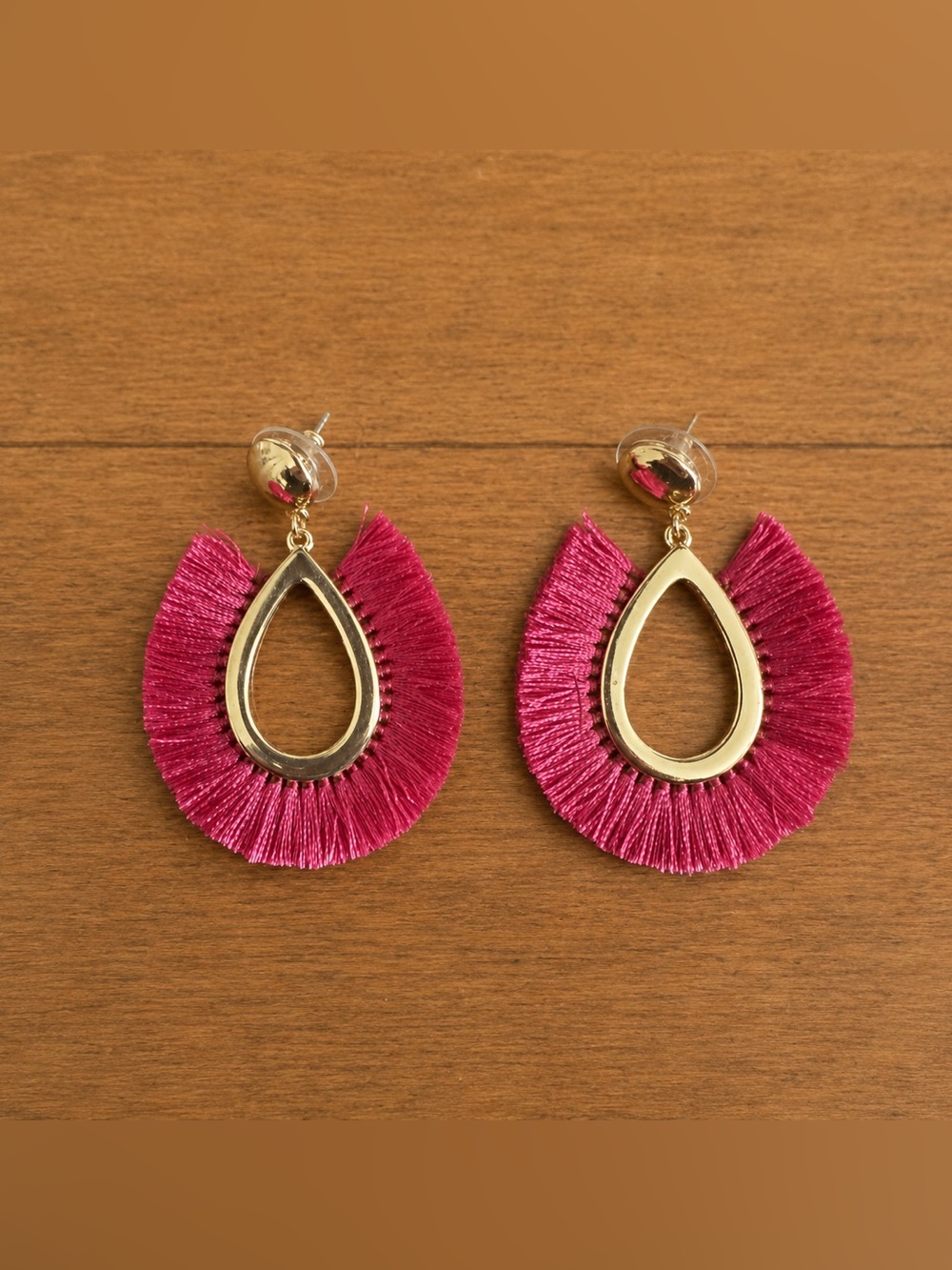 LOFT Gold Teardrop Fringe Statement Earrings in Fuchsia
